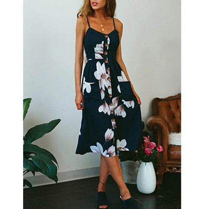 Women's Beach Print Midi Dress - Spaghetti Strap V-Neck Style - Buy Center