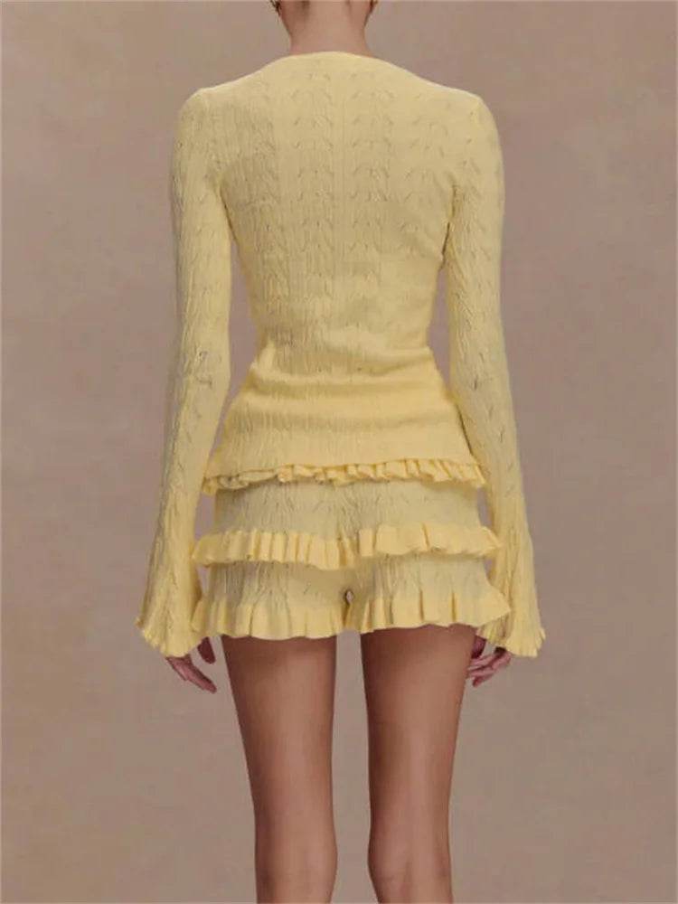 Tossy Women's Summer Knit Ruffled Cardigan and Shorts Set - Buy Center