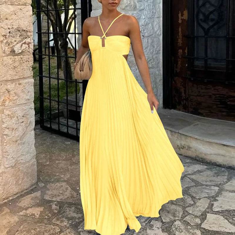 ELSVIOSE Blue High Waist Pleats Dress - Sexy Halter Summer Style - Buy Center