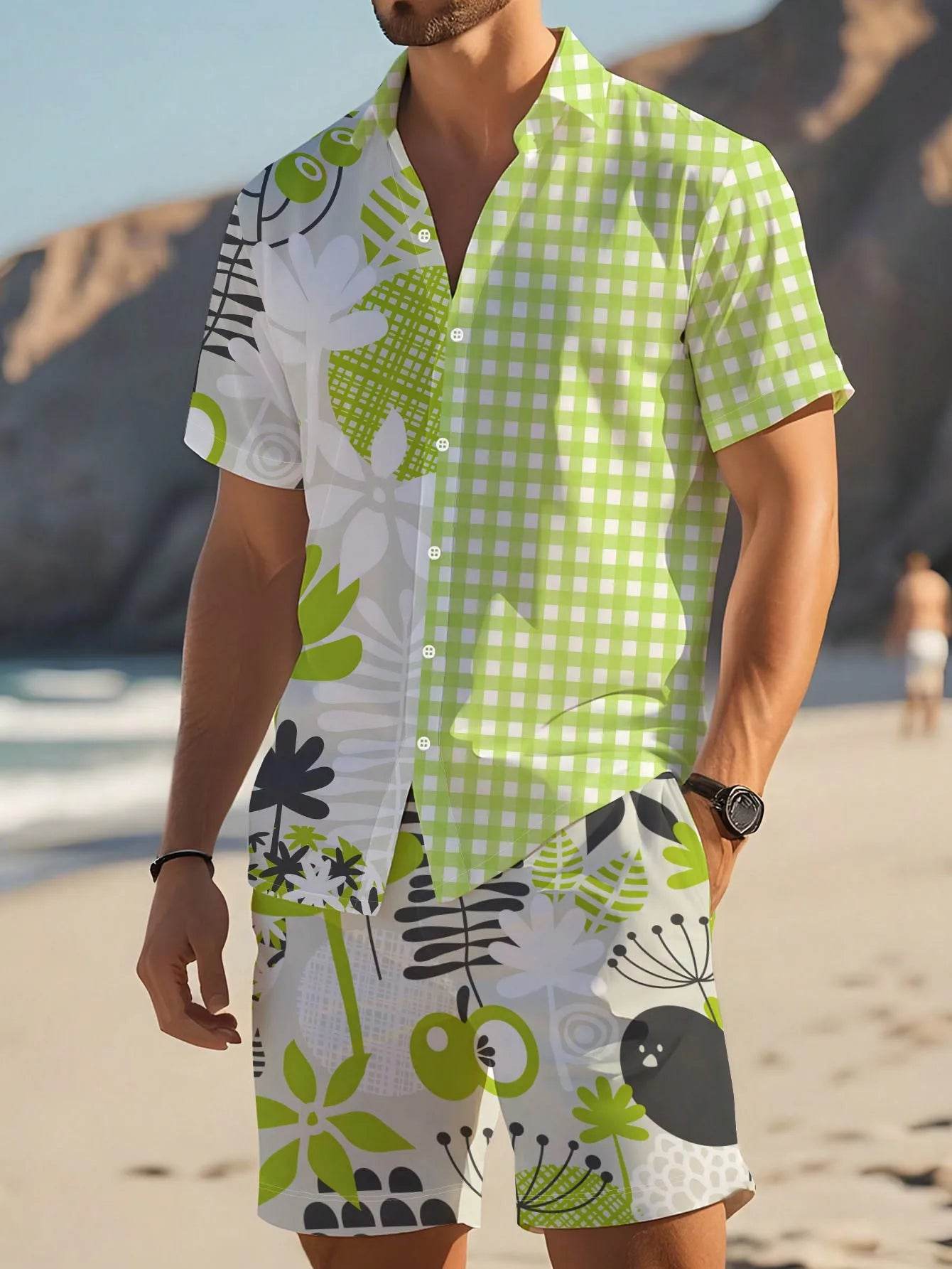 Men's Summer Stripe 3D Print Shirt & Drawstring Shorts Set - Buy Center
