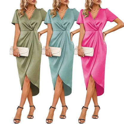 Elegant Satin Summer Dress 2024 - V-Neck, Short Sleeve A-Line - Buy Center