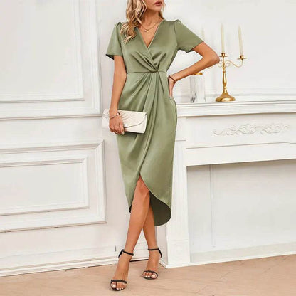 Elegant Satin Summer Dress 2024 - V-Neck, Short Sleeve A-Line - Buy Center