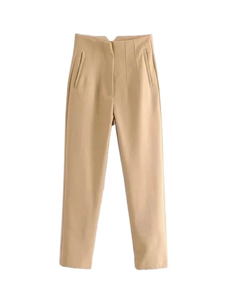 TRZA High Waist Solid Pants - Casual Ankle Trousers with Pockets - Buy Center