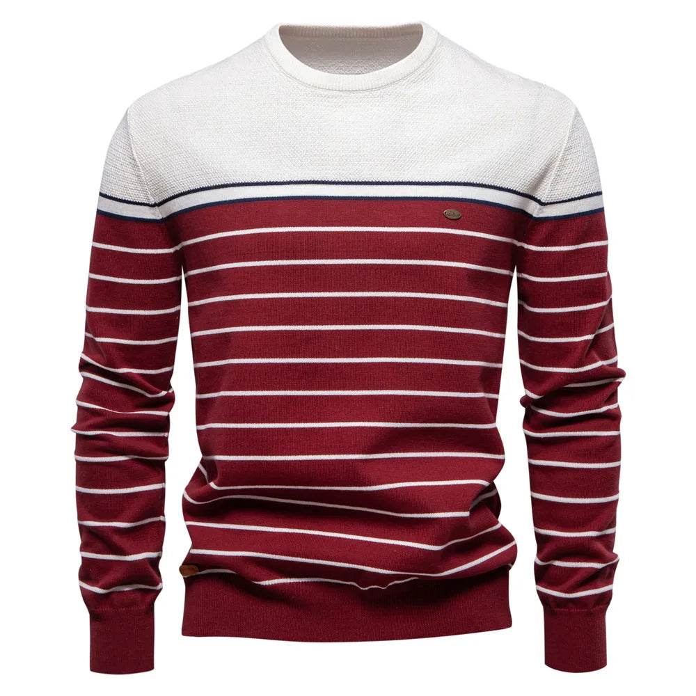 Autumn Mens Sweater High-quality Round Neck Stripe High Elasticity Pullover Men Fashion Casual Stripe Knit Sweaters Men Clothing - Buy Center