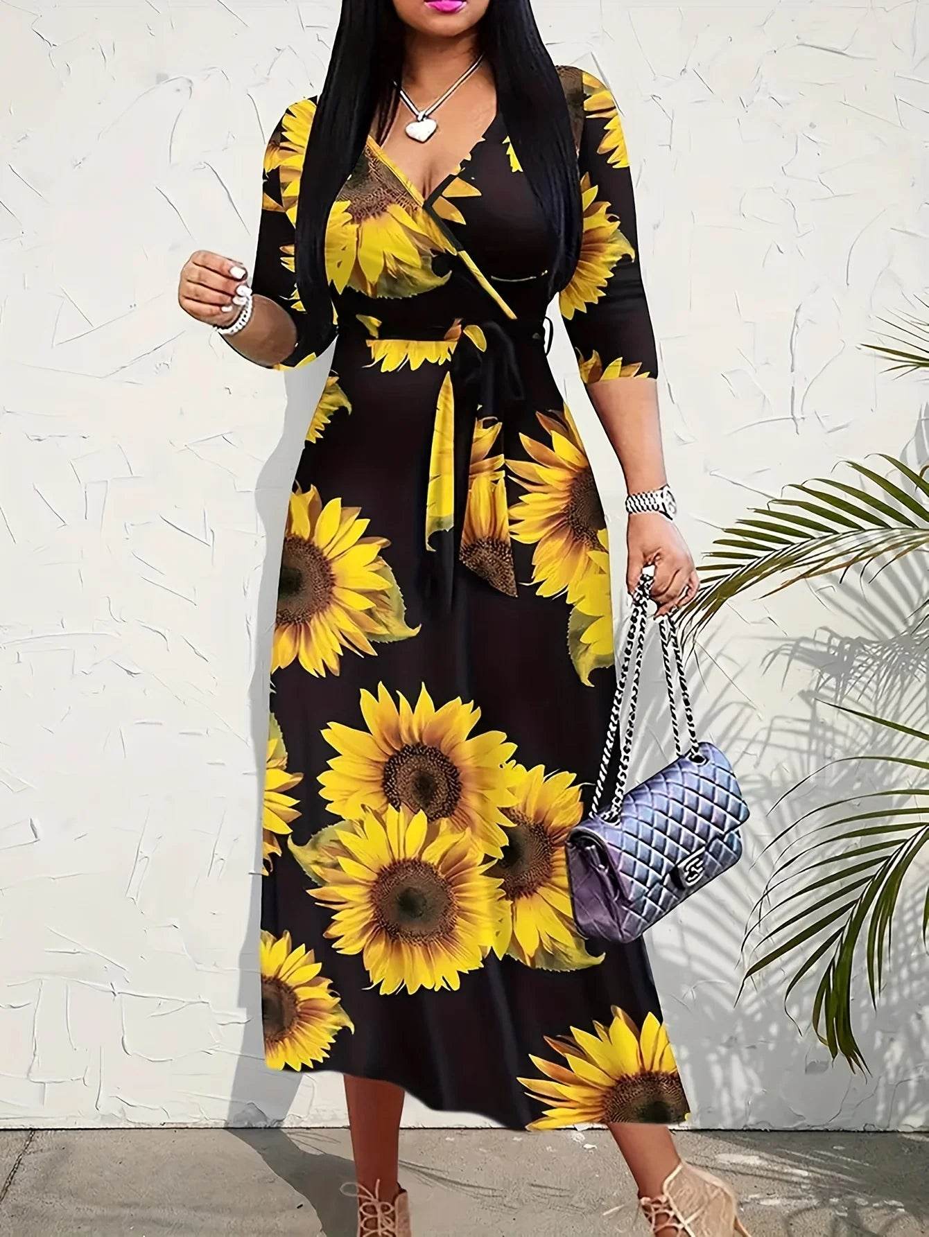 Women’s Bodycon Beach Maxi Dress - Floral Print, V-Neck, 3/4 Sleeve - Buy Center