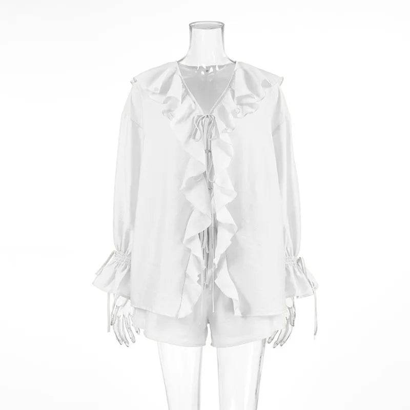 Tuularose Women's Ruffled Tie Top & Shorts Set - Casual Office Style - Buy Center