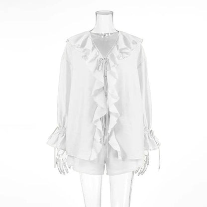 Tuularose Women's Ruffled Tie Top & Shorts Set - Casual Office Style - Buy Center