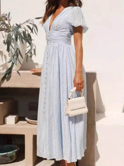 Women's Elegant V-Neck Puff Sleeve Dress - Summer Beach Party Style - Buy Center