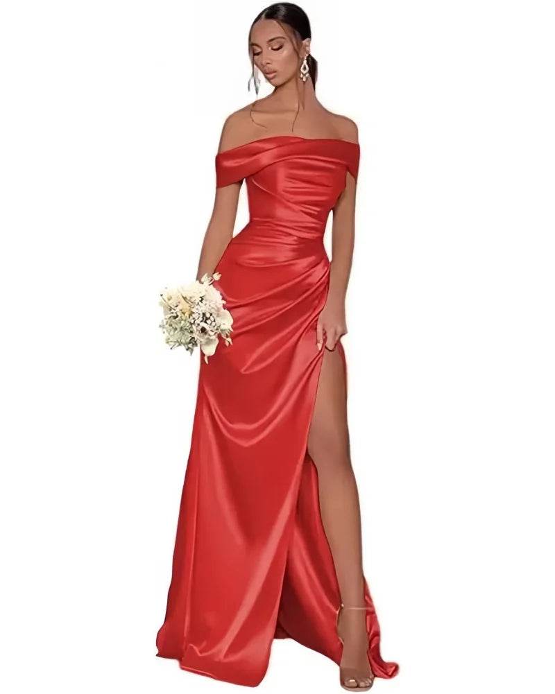 Stunning Off The Shoulder Satin Mermaid Prom Dress - High Split Design - Buy Center