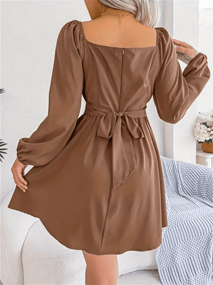 Casual Ruched Square Neck Dress - Long Sleeve Ruffle Trim for Women - Buy Center