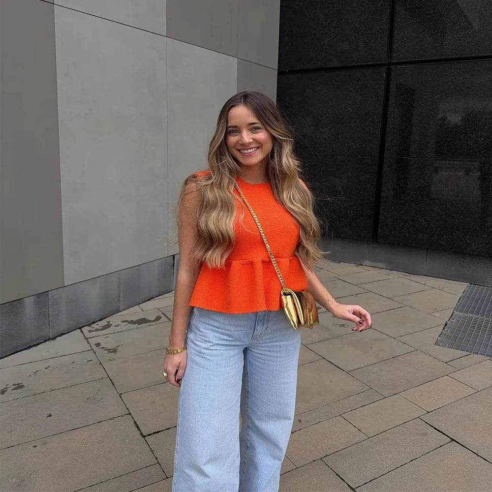 INS Fashion Orange Round Neck Sleeveless Knit Sweater for Women - Buy Center