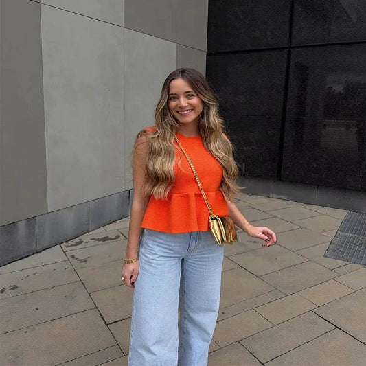 INS Fashion Orange Round Neck Sleeveless Knit Sweater for Women - Buy Center