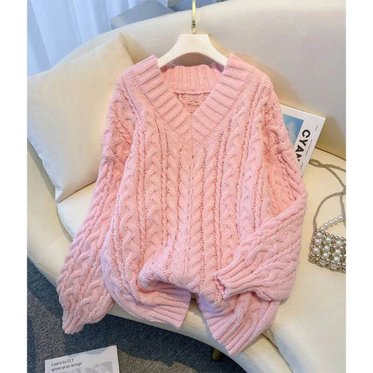 MEXZT Women's Oversized Pink V Neck Sweater - Casual Knitwear - Buy Center