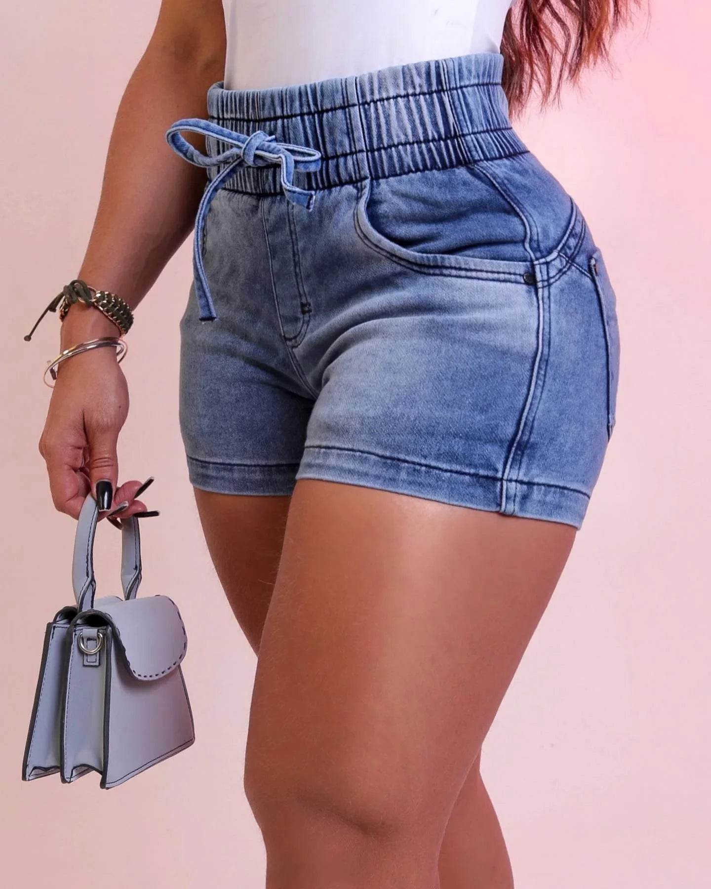 Kalenmos Women's Mid Waist Denim Shorts - Slim Fit with Pockets - Buy Center