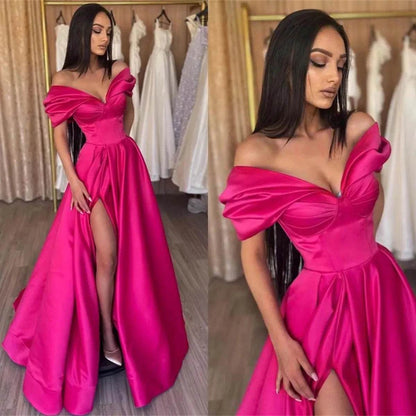 FDHAOLU Satin Evening Dress - Off the Shoulder, Side Slit Design - Buy Center