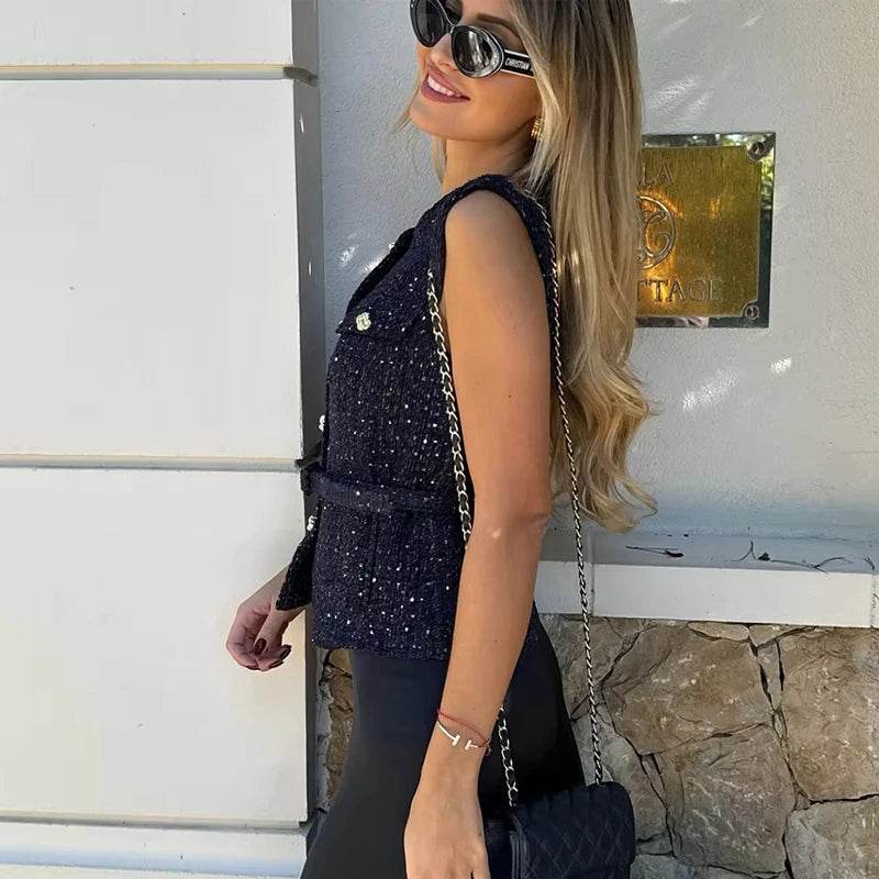 TRAF Women's Sequin Sleeveless Vest - Vintage Button Outerwear - Buy Center