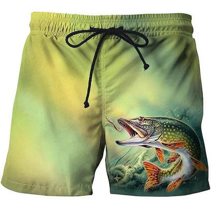 Men's Vintage 3D Fishing Print Swim Trunks - Quick Dry Beach Shorts - Buy Center