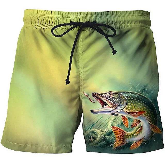 Men's Vintage 3D Fishing Print Swim Trunks - Quick Dry Beach Shorts - Buy Center