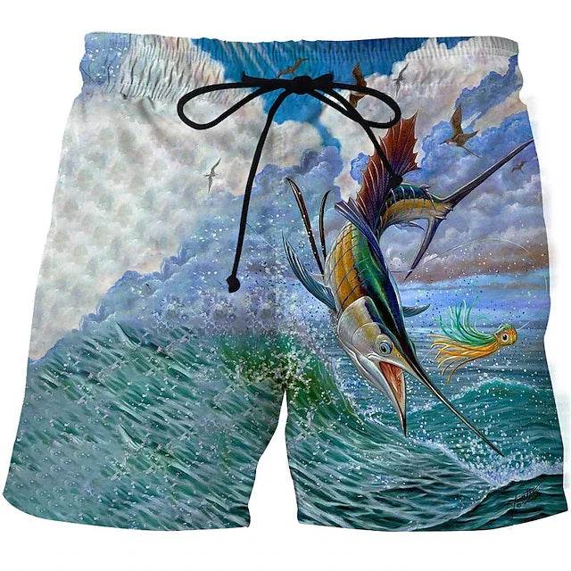 Men's Vintage 3D Fishing Print Swim Trunks - Quick Dry Beach Shorts - Buy Center