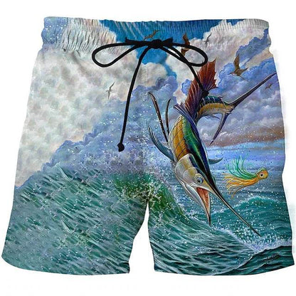 Men's Vintage 3D Fishing Print Swim Trunks - Quick Dry Beach Shorts - Buy Center