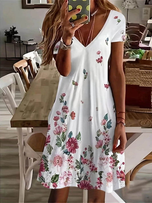 Chic Floral Knee-High Dress - V-Neck Casual Wear for All Seasons - Buy Center