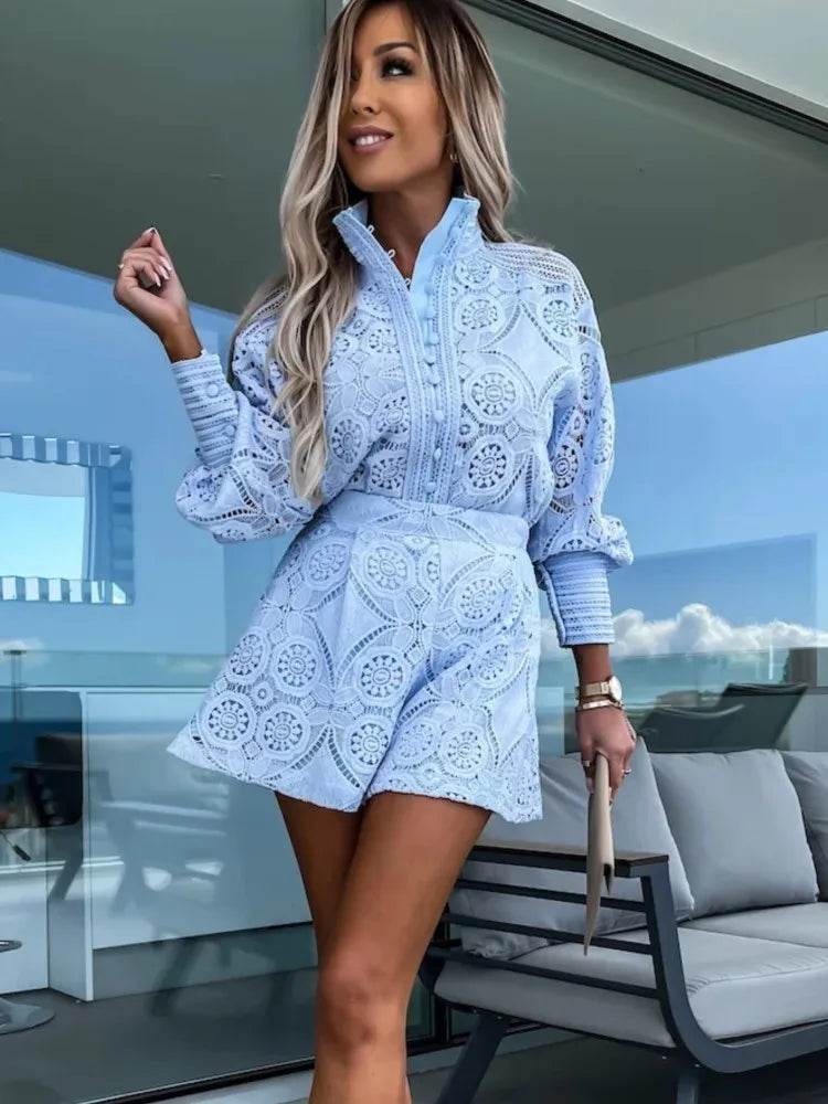 Elegant Vintage White Lace Shirt & Shorts Set for Women - Spring/Summer - Buy Center