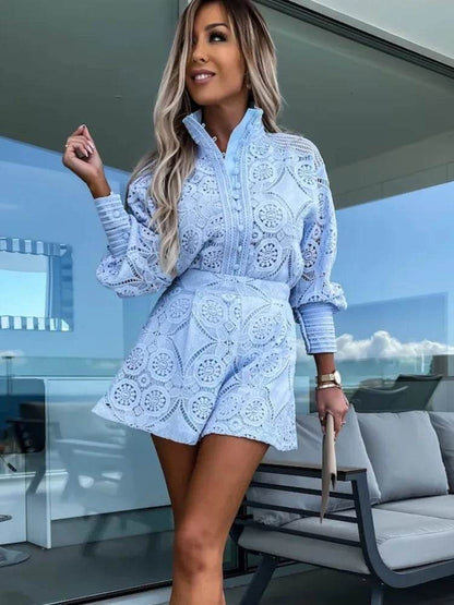 Elegant Vintage White Lace Shirt & Shorts Set for Women - Spring/Summer - Buy Center