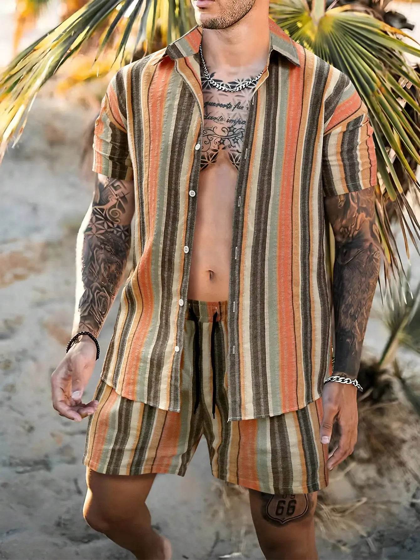 Men's Summer Stripe 3D Print Shirt & Drawstring Shorts Set - Buy Center