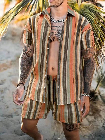Men's Summer Stripe 3D Print Shirt & Drawstring Shorts Set - Buy Center