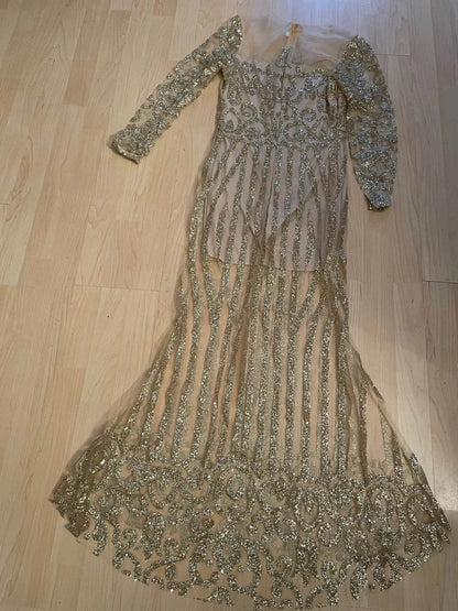 Avalokite Shiny Sequin Long Sleeve Golden Maxi Dress for Weddings - Buy Center