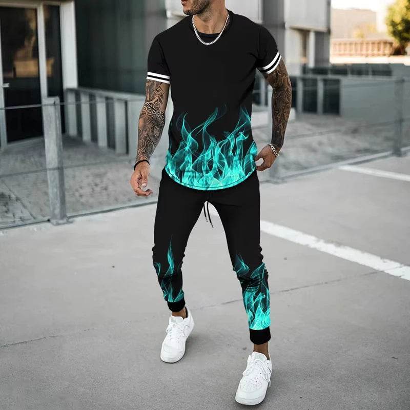 Flame 3D Printed Casual Summer Set - Short Sleeve T-Shirt & Pants - Buy Center