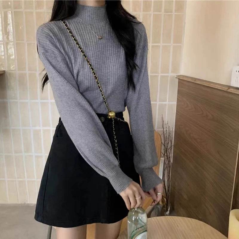 FIGOHR Women's Ribbed Turtleneck Pullover - Lantern Sleeve Sweater - Buy Center