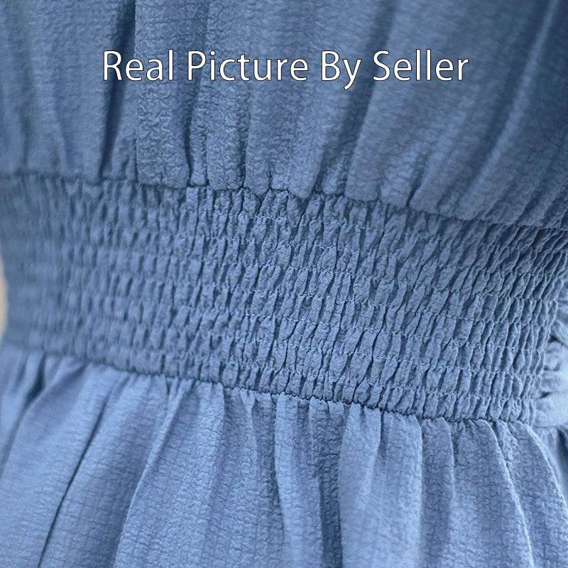 Chic Women’s Ruffle Pleated Dress - V-Neck, Short Sleeves, Summer Style - Buy Center