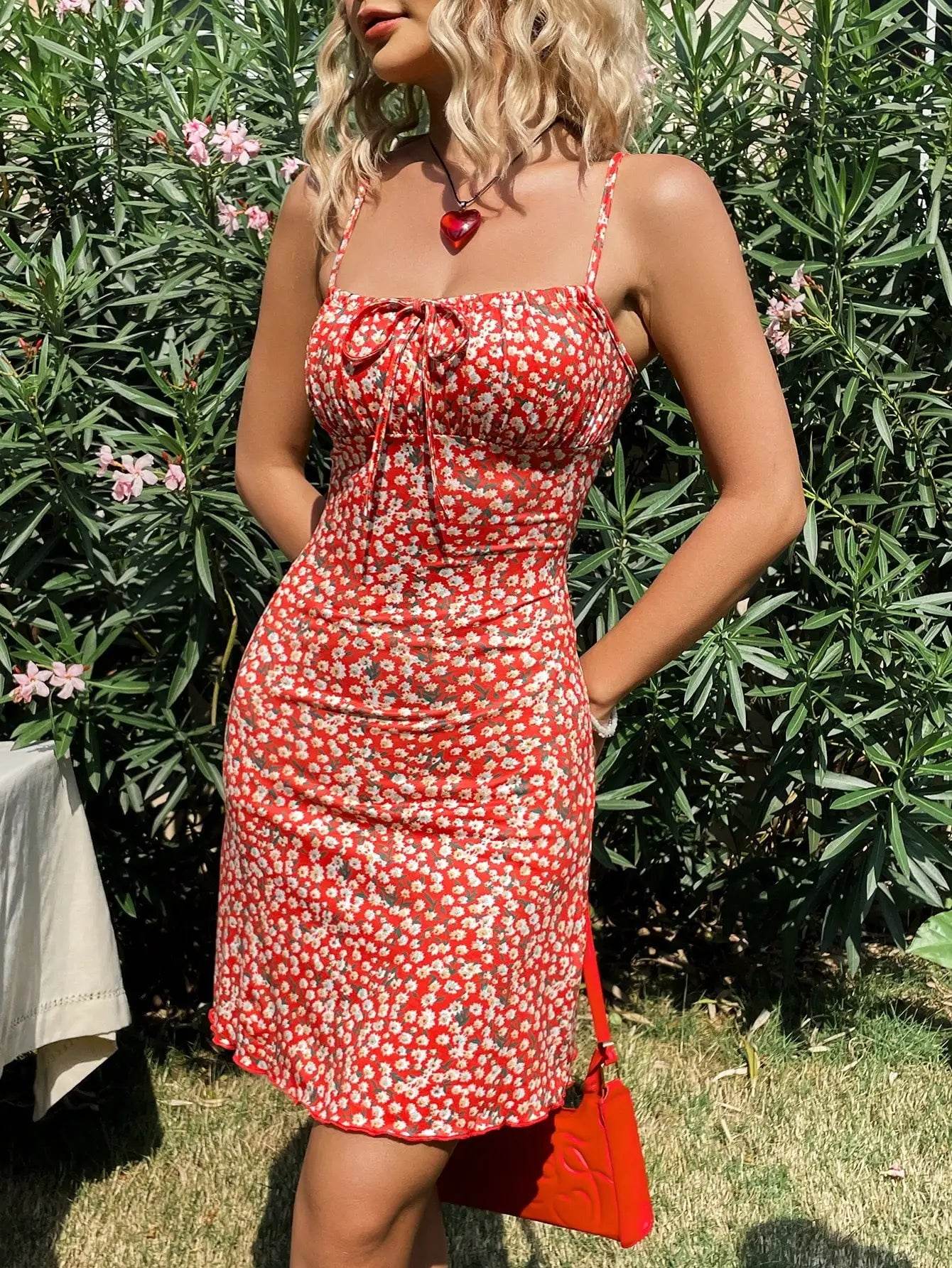 Stylish Red Floral Dress for Women - Spaghetti Strap Summer Frock - Buy Center