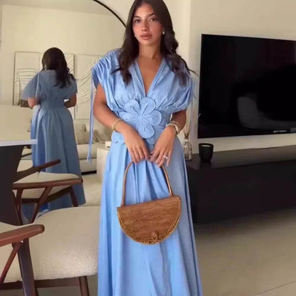 Elegant Blue V-Neck Long Dress - Waist-Fitted Bow Decor for Women - Buy Center