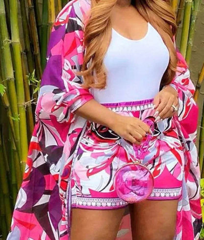 Kalenmos Women's Abstract Print Batwing Sleeve Cardigan & Shorts Set - Buy Center