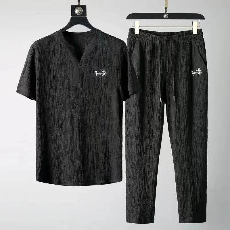 Summer Chinese Style Men’s Casual Set - T-Shirt & Pants Suit - Buy Center