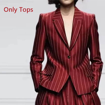 Beautyblue Women's Vintage Blazer Set - Striped Trousers & Long Sleeves - Buy Center