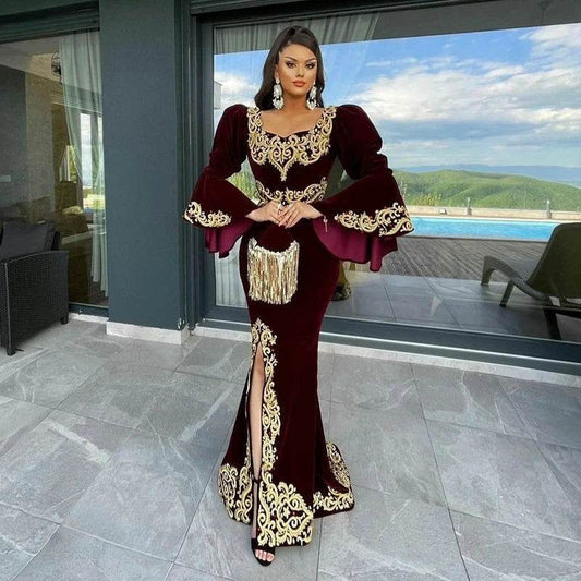 Gendriergarcia Burgundy Mermaid Caftan Dress - Appliques & Long Sleeves - Buy Center