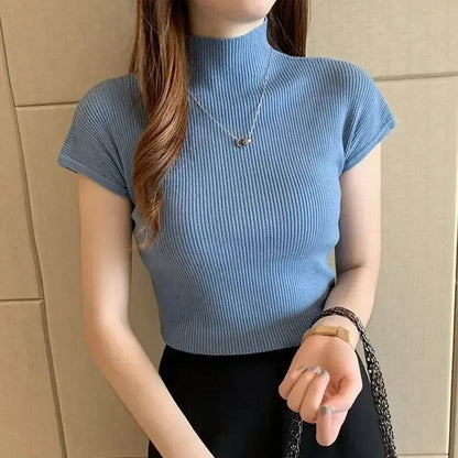 Fictitni Women's Mock Neck Knit Crop Top - Classic Summer Basic - Buy Center