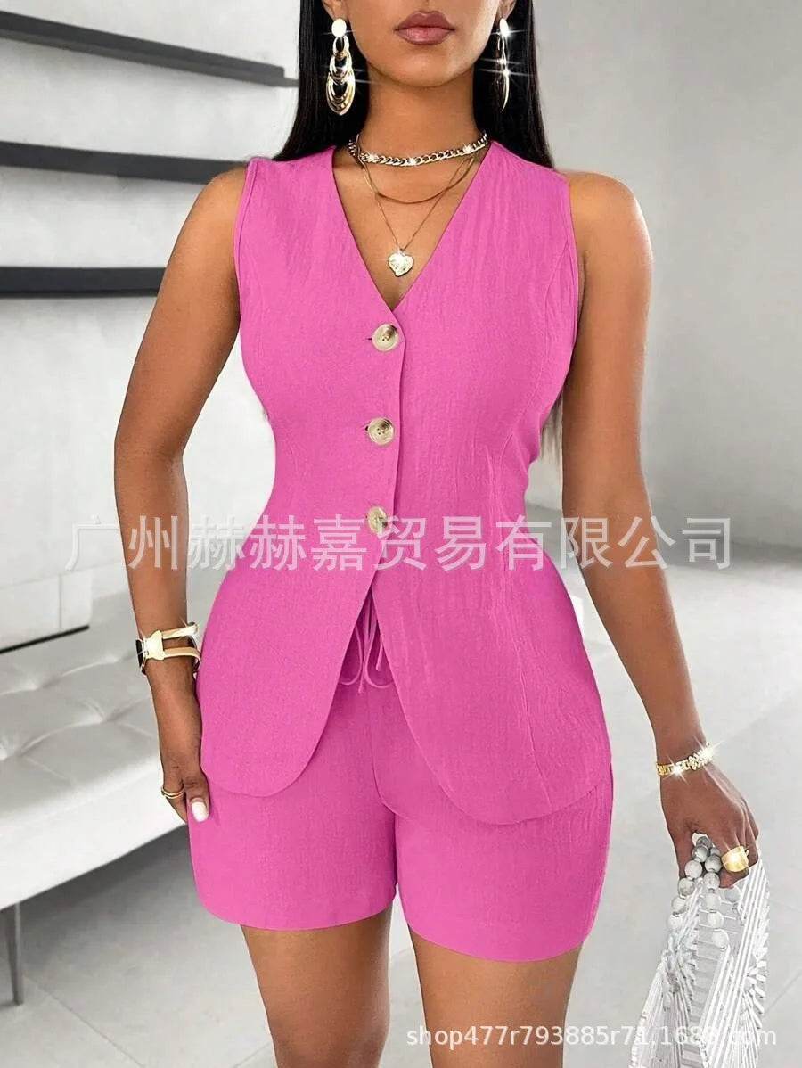 Stylish Women's V-neck Shorts Set - Solid Color, Sleeveless Design - Buy Center