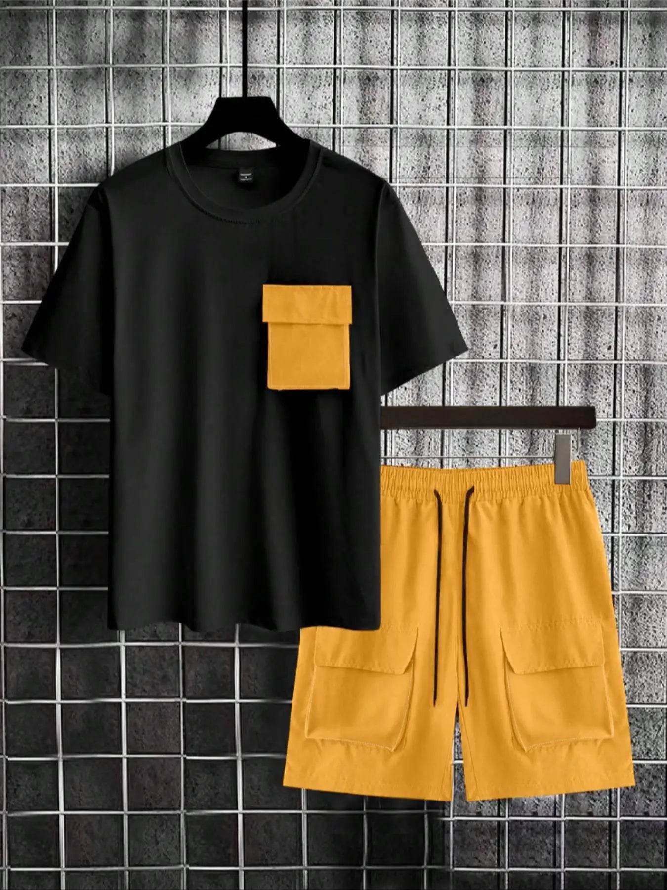 Men's Color-Blocked Casual Suit - Short Sleeves & Drawstring Shorts - Buy Center