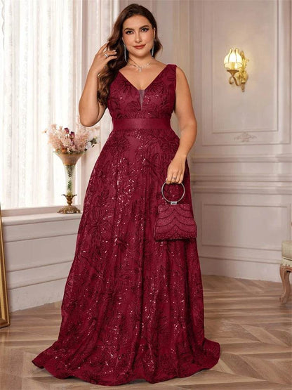 Elegant Plus Size Deep V-Neck Sequins Evening Dress - Lucy in Love - Buy Center