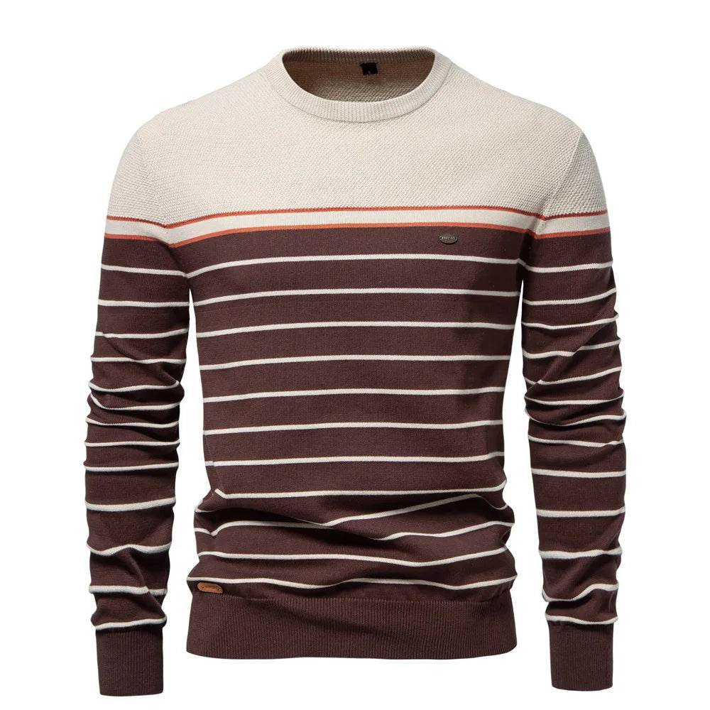 Autumn Mens Sweater High-quality Round Neck Stripe High Elasticity Pullover Men Fashion Casual Stripe Knit Sweaters Men Clothing - Buy Center