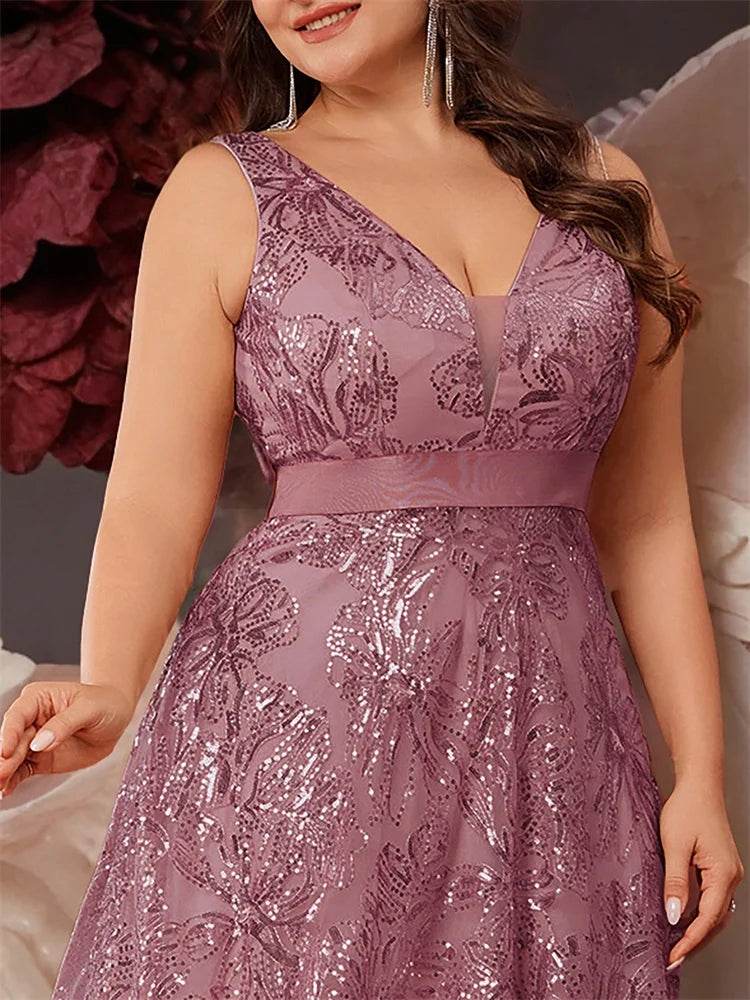 Elegant Plus Size Deep V-Neck Sequins Evening Dress - Lucy in Love - Buy Center