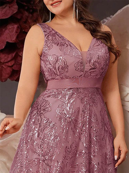Elegant Plus Size Deep V-Neck Sequins Evening Dress - Lucy in Love - Buy Center