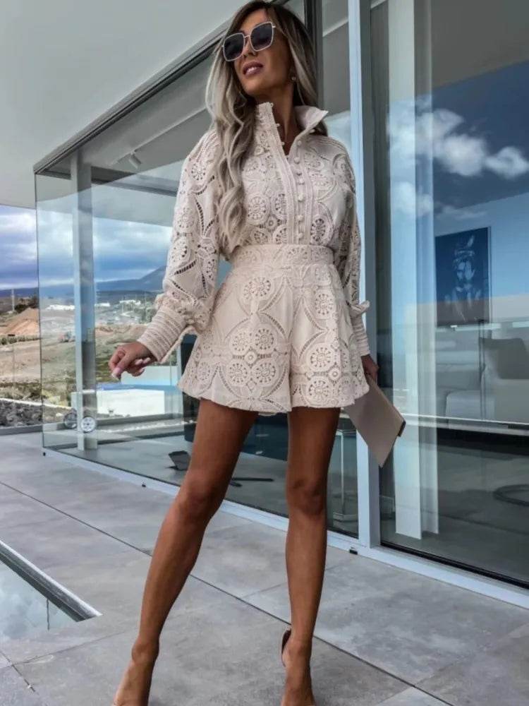 Elegant Vintage White Lace Shirt & Shorts Set for Women - Spring/Summer - Buy Center