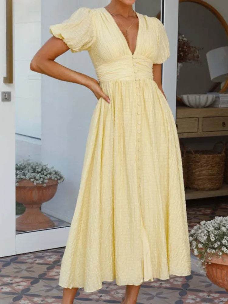 Women's Elegant V-Neck Puff Sleeve Dress - Summer Beach Party Style - Buy Center