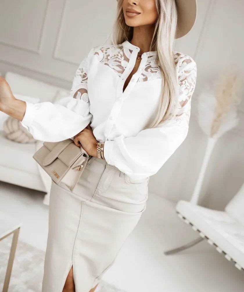 Women’s Chic Turn Down Neck Lace Blouse - Casual Button Long Sleeves - Buy Center