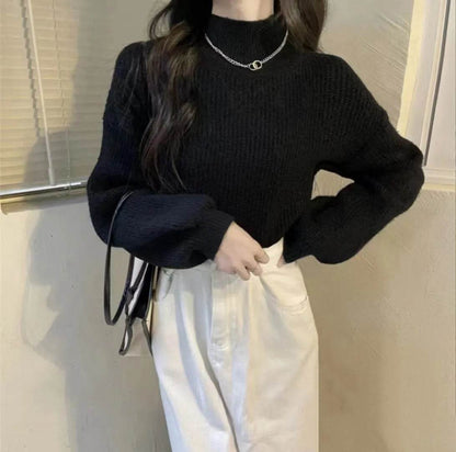 FIGOHR Women's Ribbed Turtleneck Pullover - Lantern Sleeve Sweater - Buy Center